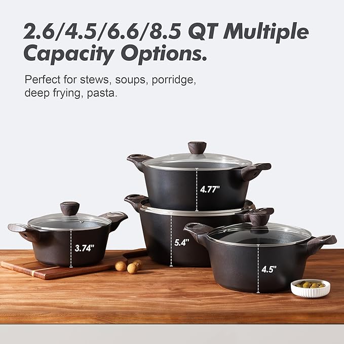 SENSARTE Nonstick Stock Pot with Lid, 2.6/4.5/6.6/8.5/11 QT Soup Pot Casserole Pot, Healthy Pasta Pot, Large Deep Cooking Pot, Big Sauce Pot Stew Pot, Induction Compatible, PFOA PFOS APEO Free, Black