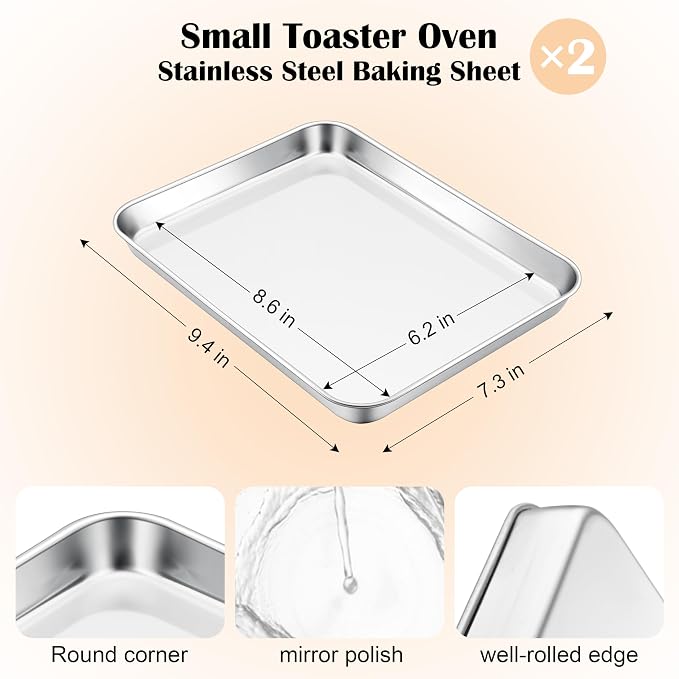E-far Toaster Oven Tray Set of 2, 9.4”x7.3” Stainless Steel Baking Sheet | Small Non-toxic Metal Baking Pan for Cake Cookies, Rust Free & Warp Free, Mirror Finish & Dishwasher Safe