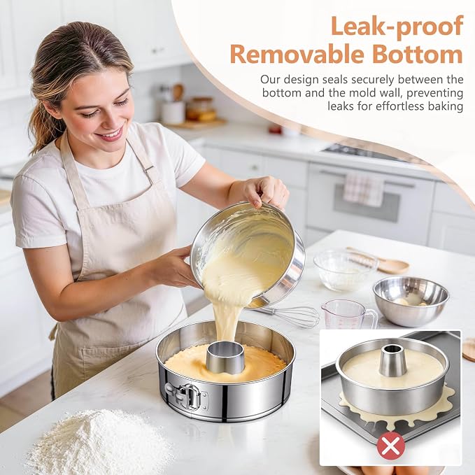 10-Inch Pound Cake Pan with Removable Bottom, 304 Food-Grade Stainless Steel Springform Bundt cake pan, Leak-Proof & Dishwasher Safe - Perfect for Angel food, Pound & Chiffon Cakes