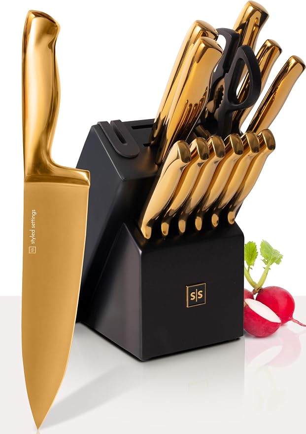Styled Settings Gold Knife Set with Block and Built-In Sharpener, 14-Piece | Full Tang Titanium-Coated Stainless Steel Gold Kitchen Knife Set with Self-Sharpening Block, Gold Kitchen Accessories