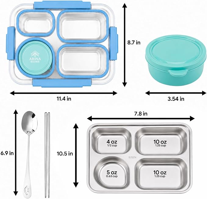 Large 11" x 8" Stainless Steel Bento Lunch Box for Adults with 4 Compartments Leakproof Lid BPA-Free 304 Stainless Steel Food Container That Keeps Food Separate, Ideal for Office and Travel use, Blue