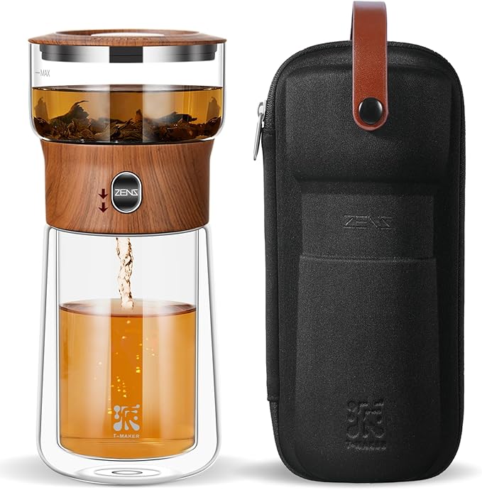 ZENS Glass Infuser Teapot, One Touch Tea Maker for Loose Leaf Tea, Walnut | Modern Tea Diffusers, Magic Tea Pot with 9oz Insulated Mug and Portable Bag for Tea Lovers Gifts