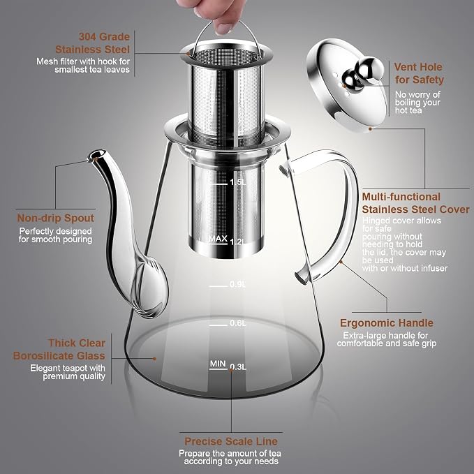 1500ml Glass Teapot, Large Tea Pot with Infuser for Loose Tea and Blooming Tea, Stovetop Safe Tea Kettle, Hand Crafted Borosilicate Glass Tea Maker with Scale Line, Tea Gift Set for Tea Lovers