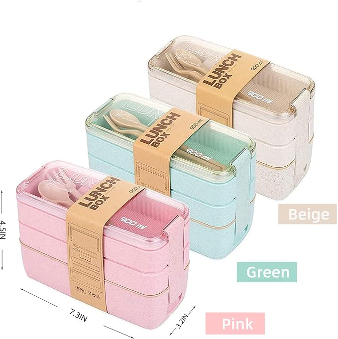 Rarapop 3 Pack Stackable Bento Box Adult Japanese Lunch Box Kit with Spoon & Fork, 3-In-1 Compartment Wheat Straw Meal Prep Containers (Green/Pink/Beige)