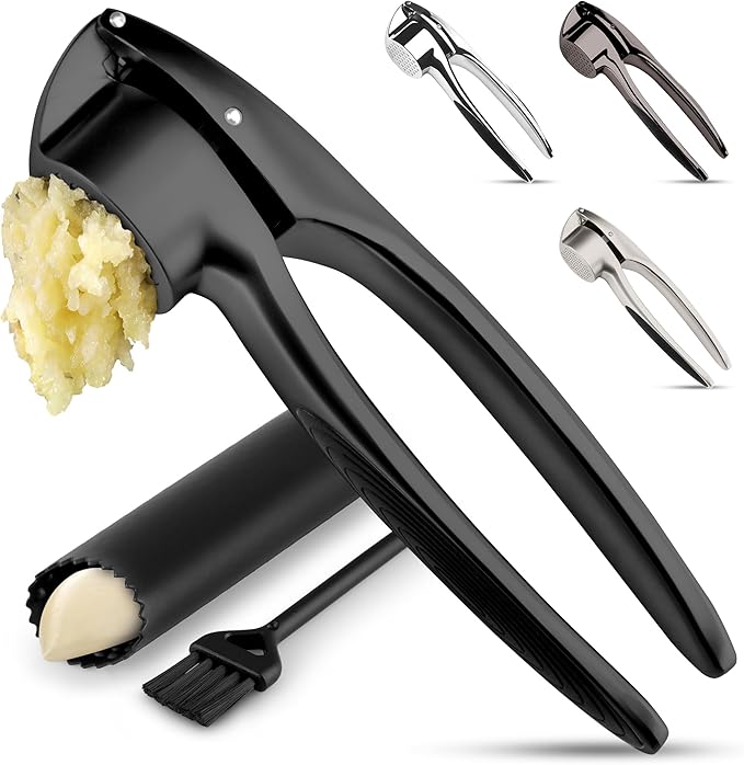 Zulay Kitchen Premium Garlic Press Set – Rust Proof & Dishwasher Safe Garlic Mincer Tool with Silicone Garlic Peeler & Brush, Easy Squeeze & Clean, Ergonomic Soft Grip Handle - Medium – Black
