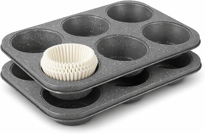 2 Pack Jumbo Muffin Pan, 6 Cup Large Cupcake Pan Muffin Tin Grey | Jumbo Muffin Tin extra Large Cupcake Pans with Speckled Granite Coating and Paper Liners, Nonstick Muffin Baking Pans