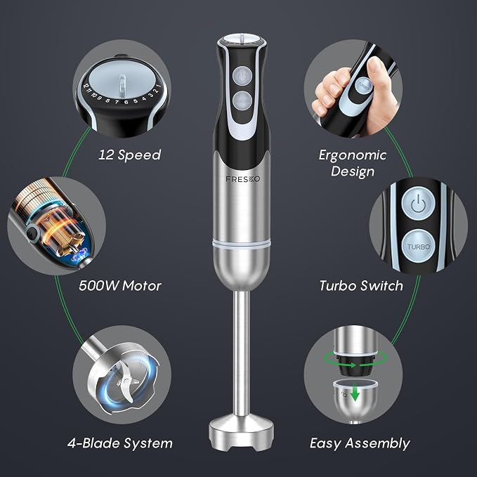 Immersion Blender Handheld, 4-In-1 Hand Blender with 12-Speeds & Turbo Mode | 500W Emulsion Blender, Egg Whisk, 24oz Beaker & Chopper Bowl, Stick Mixer for Baby Food, Smoothies, Soups & Sauces