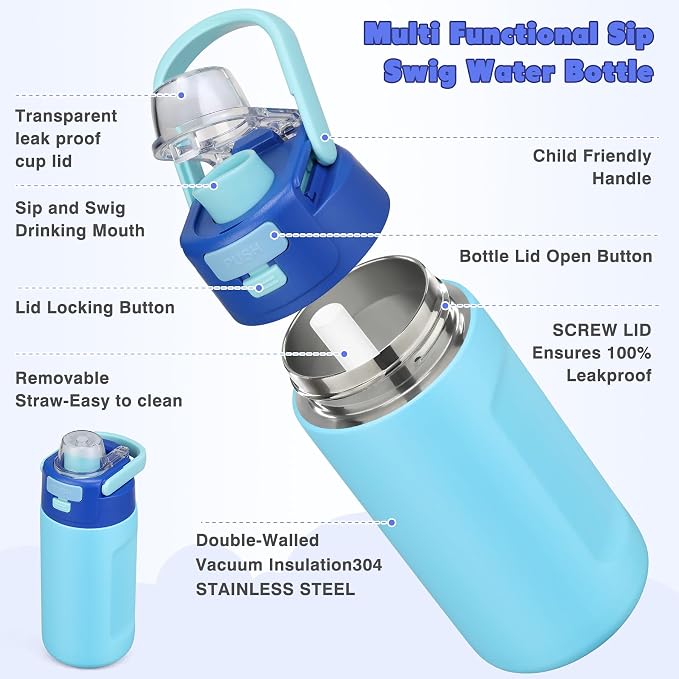 Bento Lunch Box for Kids with 7oz Soup Thermo,Insulated Stainless Steel Kids Water Bottle with Straw and Insulated Lunch Bag,Leak-Proof Lunch Food Container with Ice Pack for School(Blue)