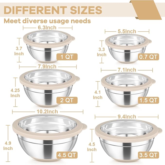 TeamFar Mixing Bowls with Clear Lids, Stainless Steel Salad Bowls, Khaki | Metal Nesting Bowls with Non-Slip Bottom for Flour Fruit, Baking Mixing Serving Prepping, 6PCS, 4.6/ 3.5/ 2/ 1.5/ 1/ 0.7 QT