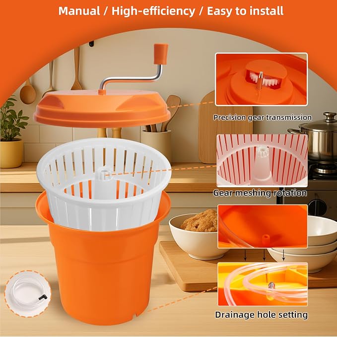 2.5 Gallon Salad Spinner,Large Capacity Vegetable Friuts Salad Dryer,Commercial Manual Salad Mixer for Restaurants Kitchen & Catering,Green & Orange. (Orange, 2.5 Gallon)