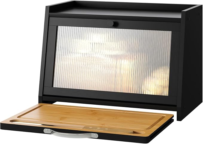 kiplant Bread Box with Cutting Board, Bamboo Bread Box for Kitchen Counter, Bread Storage Container with Wavy Arcylic Transparent Door (Black)