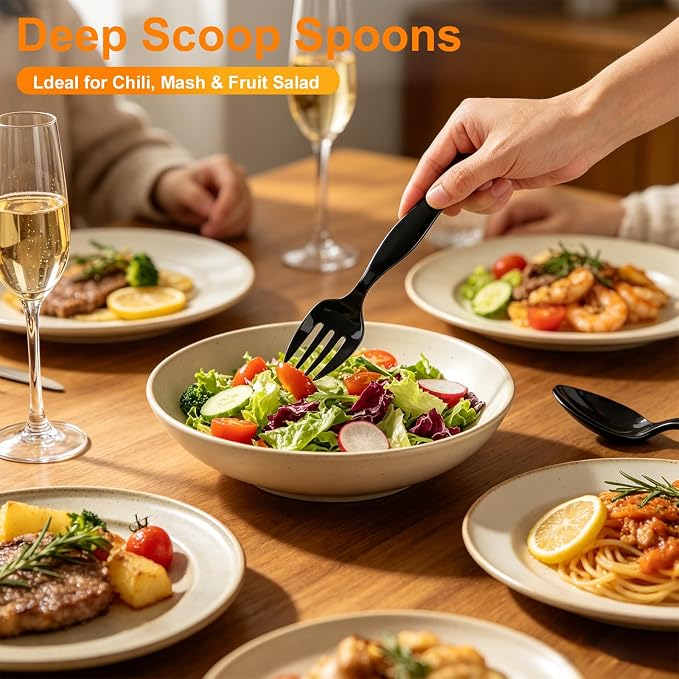 36Pcs Disposable Plastic Serving Utensils Set, 12 Black Spoons, 12 Forks, 12 Tongs, 9-Inch for Party Buffet Catering Events, Heavy Duty and Ergonomic Design