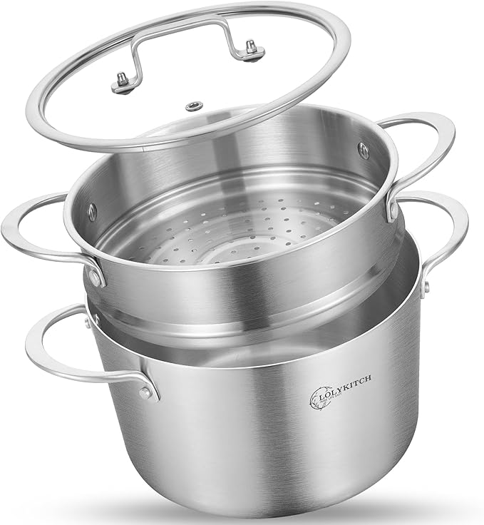 LOLYKITCH 3-Quart Tri-Ply Stainless Steel Steamer Pot with Glass Lid | Steaming Pot for Cooking | 2 Tier Induction Steamer Pot for Tamales Seafood Vegetables Dumplings | Stock Pot | Thick