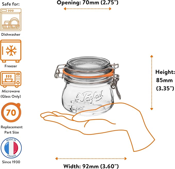 Le Parfait Super Jar 250ml (8oz) Glass Canning Jar, Wire Bail Lid, 6 Pack | Airtight rubber seal for canning, preserving pickles, sauces and whole fruit, fermentation and pantry storage; Made in France