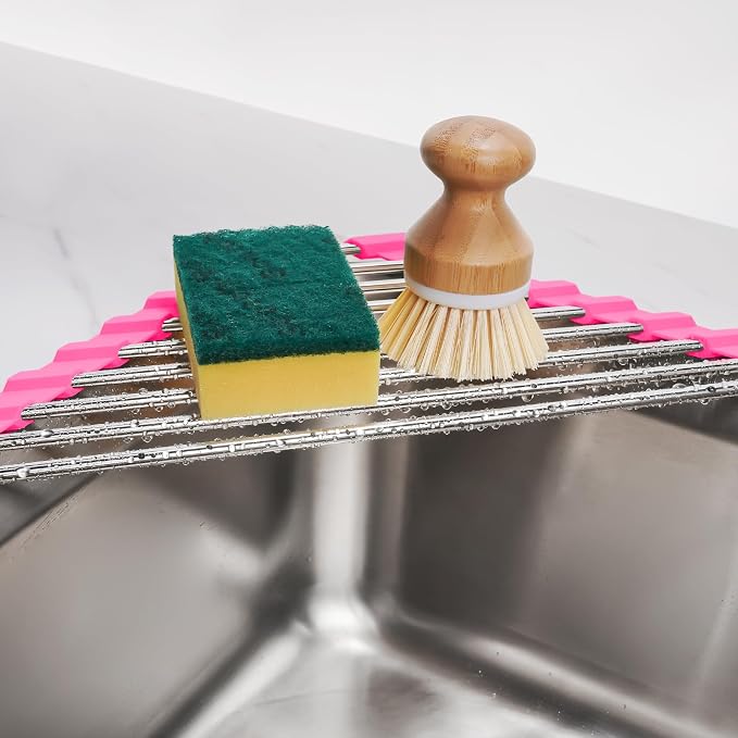 Tomorotec Triangle Roll Up Dish Drying Rack 304 Stainless Steel Rose | BPA-Free Food-Grade Silicone Edges Foldable Waterproof Rustproof Heavy-Duty Space Saver Heat Resistant to 550°F