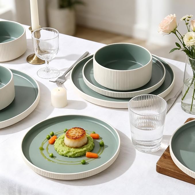 12PCS Ceramic Dinnerware Set for 4,Stoneware Plates and Bowls Sets | Reactive Glaze Dish Set,Scratch Resistant Tableware Set,Reactive Glaze,Microwave & Dishwasher Safe,White Cyan