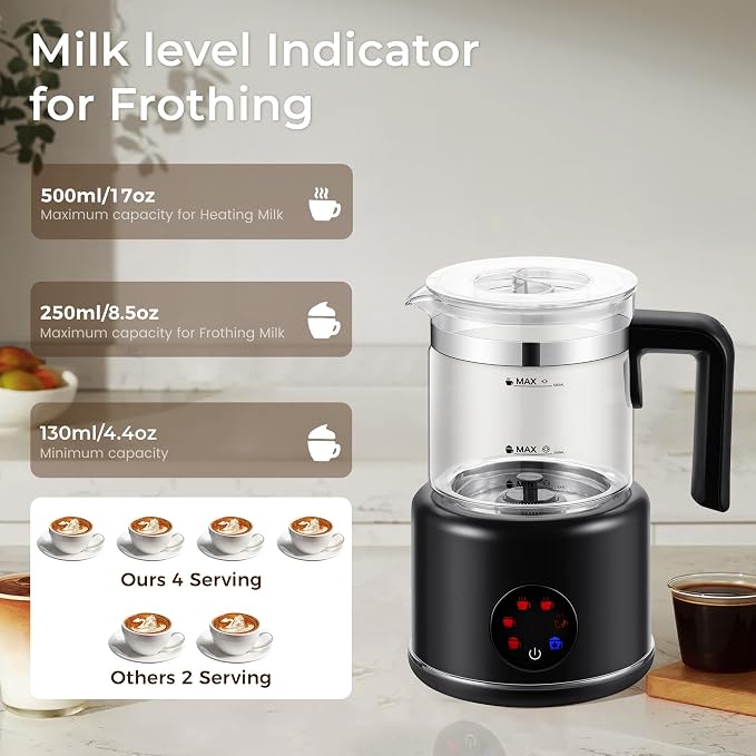 JXXM Electric Milk Frother, 6 in 1 Milk Steamer,17oz Automatic Warm and Cold Foam Maker for Coffee,Latte, Cappuccino, Macchiato, Hot Chocolate (Black)