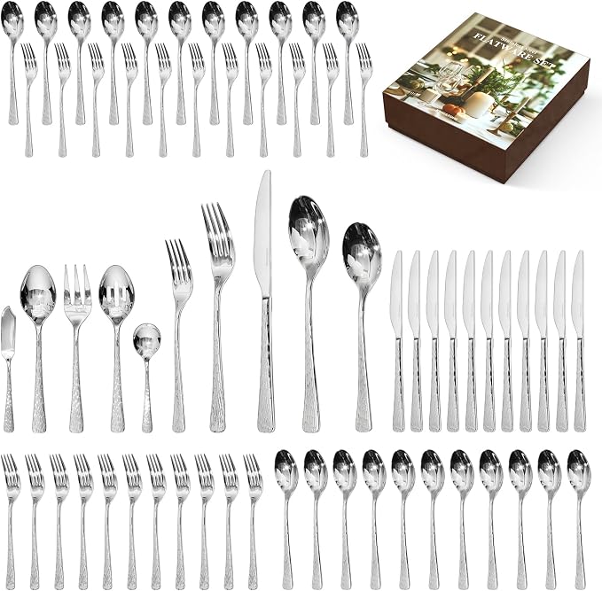 Silverware Set with Serving Utensils, 65 Piece Flatware Set, 18/10 Steel | Hammered Ripple Handles, Serving Utensils, 18/10 Steel, Dishwasher Safe, Rust Resistant, Gift Box, for Weddings & Parties