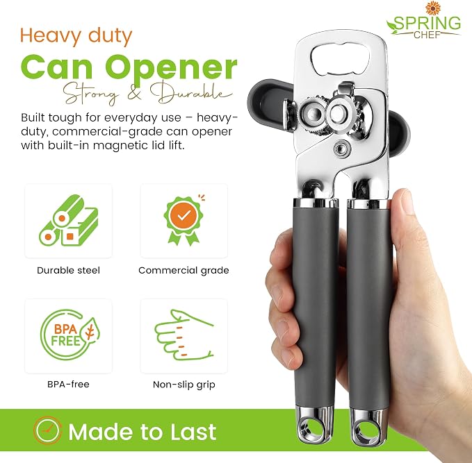 Spring Chef Stainless Steel Manual Can Opener with Soft Grip Handles, Gray | Heavy Duty Hand Can Opener for Seniors with Smooth Edge, Easy Turn, 3in1 Can Opener with Magnetic Lid Remover & Bottle Opener