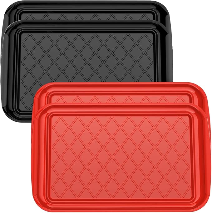 Grilling Prep & Serve Trays for Party Set of 4, Large BBQ Serving Platters | Dishwasher Safe Plastic Trays for Raw and Cooked Food 17"×10.5" Stackable Party Supplies for Grilling, Meal Prep, Red/Black