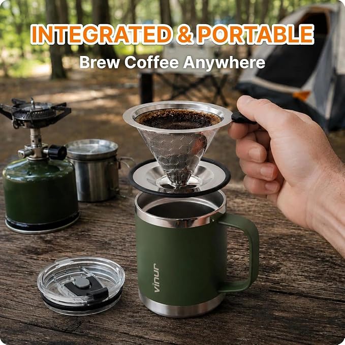 VINUR Stainless Steel Pour Over Coffee Maker-12 oz Insulated Coffee Maker | Stainless Steel Double Wall Vacuum Insulated Coffee Maker With Stainless Steel Filter for Home, Camping, Office (Grass Green)
