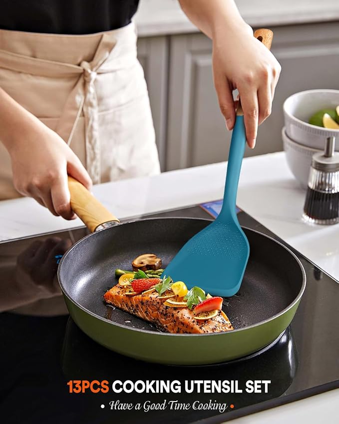 13PCS Silicone Kitchen Utensils Set for Nonstick Cookware, Blue | Food Grade, Heat Resistant Kitchen Utensil Spatula Set, Wooden Handles Kitchen Gadgets Tools Set