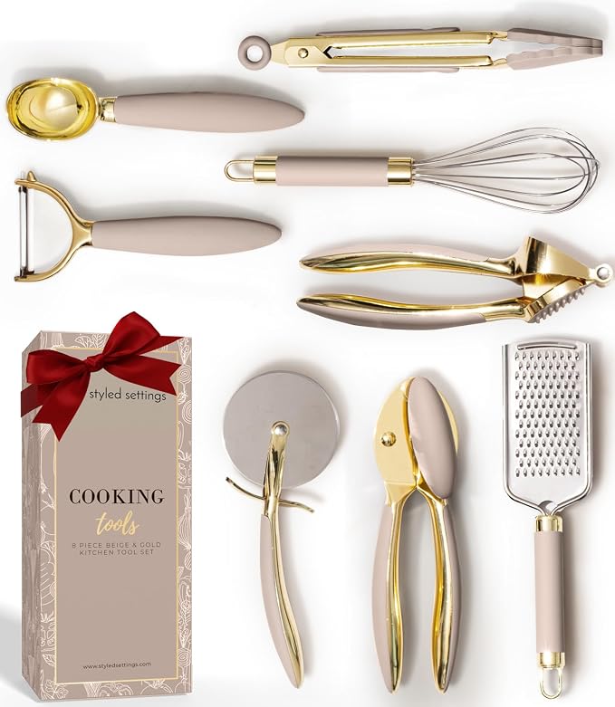 Styled Settings Beige and Gold Kitchen Utensils Set, 8-Piece | Silicone, 8 PC Cooking Gadgets with Mini Gold, Pizza Cutter, Garlic Press, Cheese Grater, Peeler