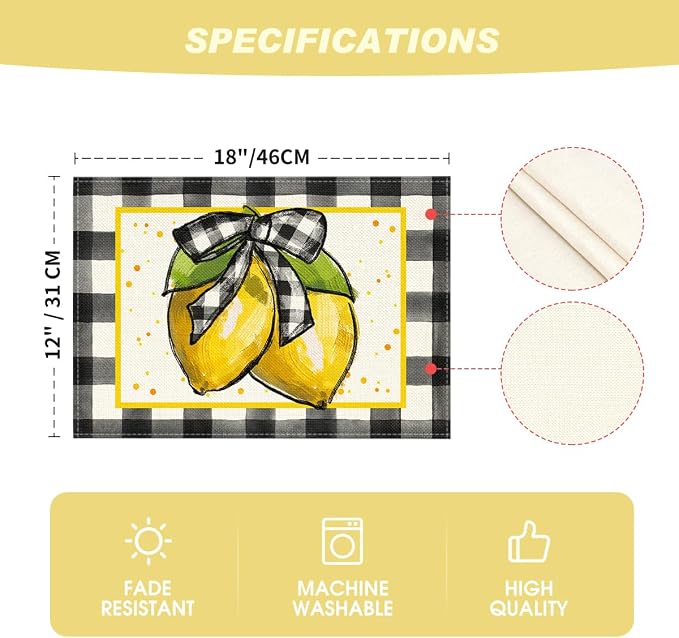 Artoid Mode Buffalo Plaid Lemon Placemats for Dining Table, 12 x 18 Inch Summer Seasonal Decoration Rustic Washable Table Mats Set of 4