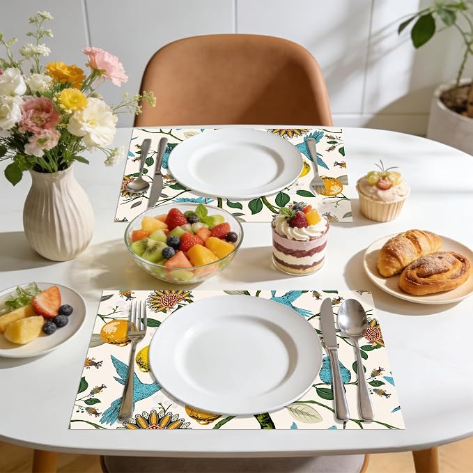 50 Pack Vintage Lemon Disposable Paper Placemats 11 x 16 Inches | Hummingbird Floral, Dinner Table Setting, Wedding Birthday Party Supplies