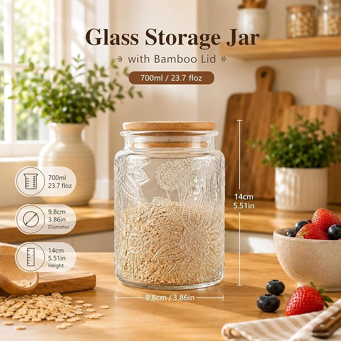 Vintage Glass Jar with Bamboo Lid, 23.7 FL oz - Airtight Decorative Food Storage Canisters for Kitchen Counter, Ideal for Candy, Sugar, Coffee, Cookies (Sunflower*2)
