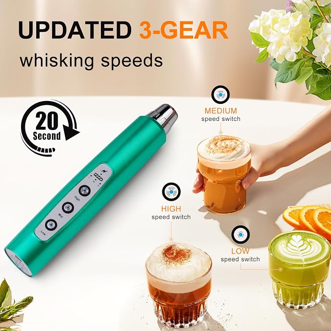 YUSWKO Handheld Milk Frother Wand for Coffee, Rechargeable Electric Whisk with 3 Heads 3 Speeds Drink Mixer Coffee Frother For Latte, Cappuccino, Hot Chocolate, Egg, Turquoise