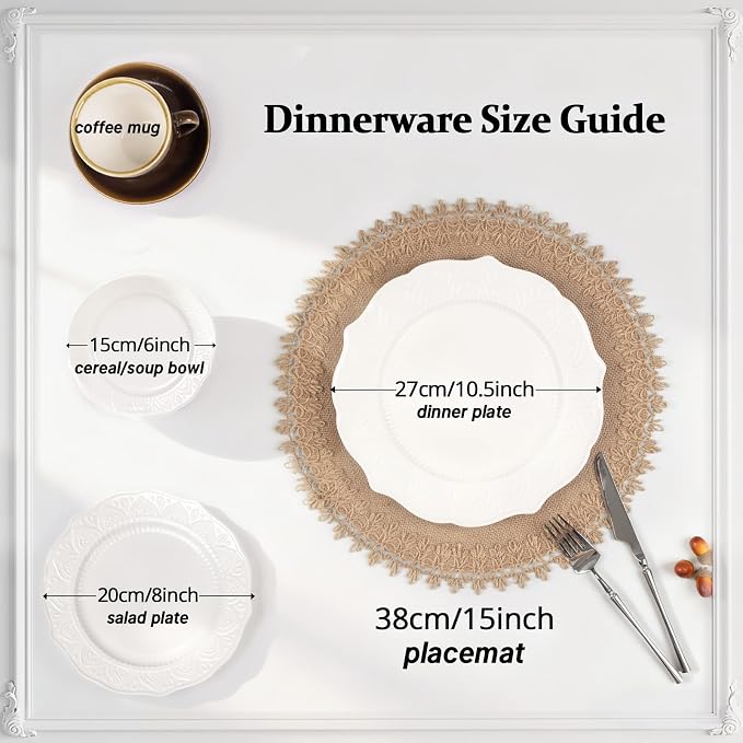 FunWheat Burlap Round Braided Placemats Set of 12 for Dining Tables 15 Inch Heat Resistant Jute Table Mats Farmhouse Woven Fabric Natural Place mats (Brown Jute Lace)