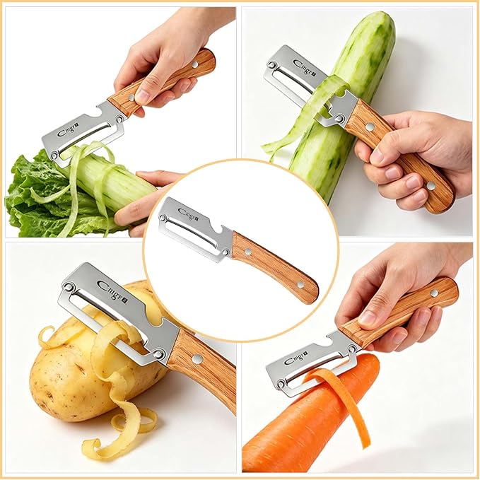 Left-Handed Vegetable Peeler Wooden Stainless Blade for Fruit Potato | Multifunctional,Thickened Sharp Stainless Blade,Anti-slip,Zero Snag,Built-in Bottle Opener for Carrot Pumpkin Sugarcane