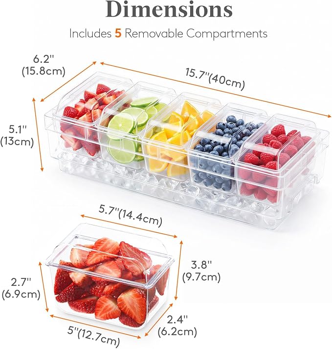 Lifewit Chilled Condiment Container with Individual Lids & Handle Design | Available with Spoons & Tongs, BPA-free Condiment Caddy with 5 Containers, Ice Garnish Tray for Taco, Mimosa & Dirty Soda Bar