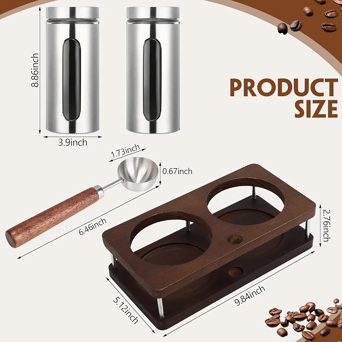 Stainless Steel Coffee Grounds Canisters Container with Shelf | 2 x 50oz, Sugar Coffee Bean Storage Container Set, Airtight Threaded Lid, Glass Window, Scoop, Kitchen Jar for Coffee Bar