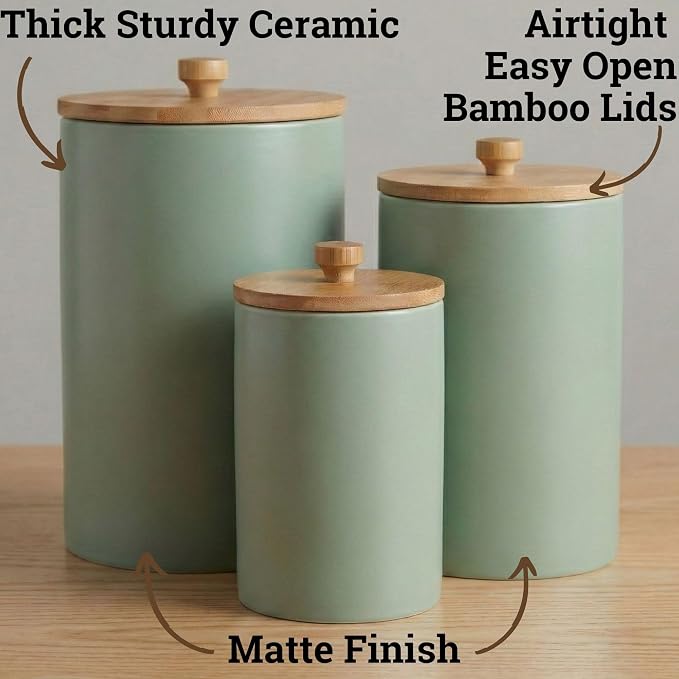 Ceramic Kitchen Canisters for Countertop Set of 3 w/ Airtight Bamboo Lids | Thick Sturdy Ceramic, Matte Finish, Airtight Easy Open Bamboo Lids, Comfortable Bamboo Handles, Jar Volumes: 2, 1, 0.5 quarts