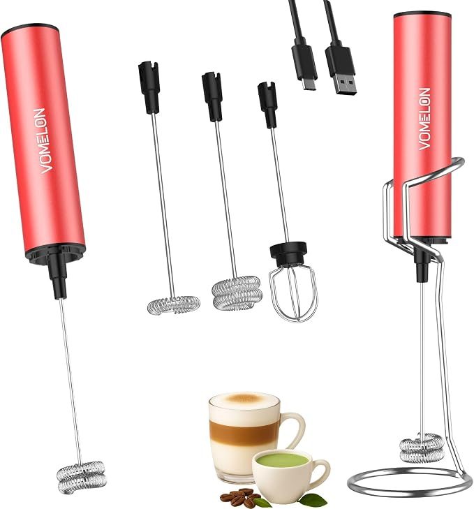 Rechargeable Milk Frother with Stand, Electric Whisks Foam Maker, POWERFUL USB C 2 Speed Handheld Drink Mixer for Coffee, Latte, Cappuccino, Matcha Drinks,Red