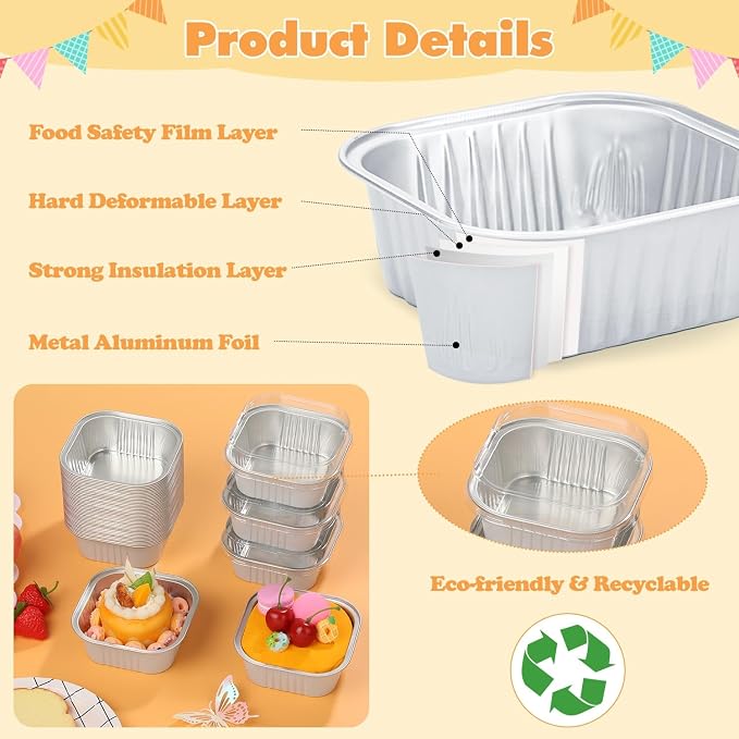 60 Pack 10oz Mini Disposable Cake Pans with Lids, Aluminum Foil Square Baking Cups, 4.4x4.4 Large Baking Cake Tins Cup Cake Containers with Lids for Thanksgiving Christmas Individual Cakes