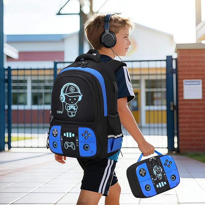 Backpack for School Boys, Cool Luminous Gamer Boys Schoolbag | with Lunch Box & Pencil Case Set for Kids Teens Elementary Middle School, Bookbag Glow In The Dark