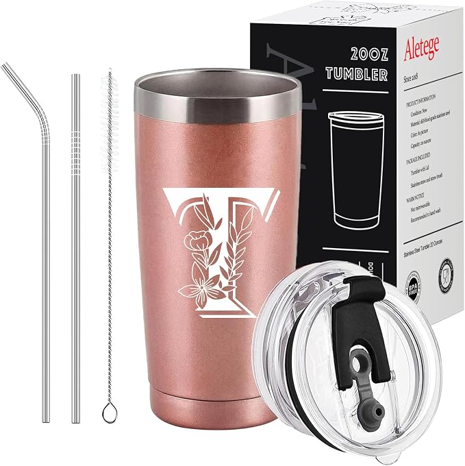 Letter T Insulated Travel Cup with Lid, Personalized Initial Mugs for Women, Letter T Gift Coffee Mugs for Women, Wife, Mom, Grandma, Bridal Shower Gifts, 20 OZ Rose Gold Two Lids