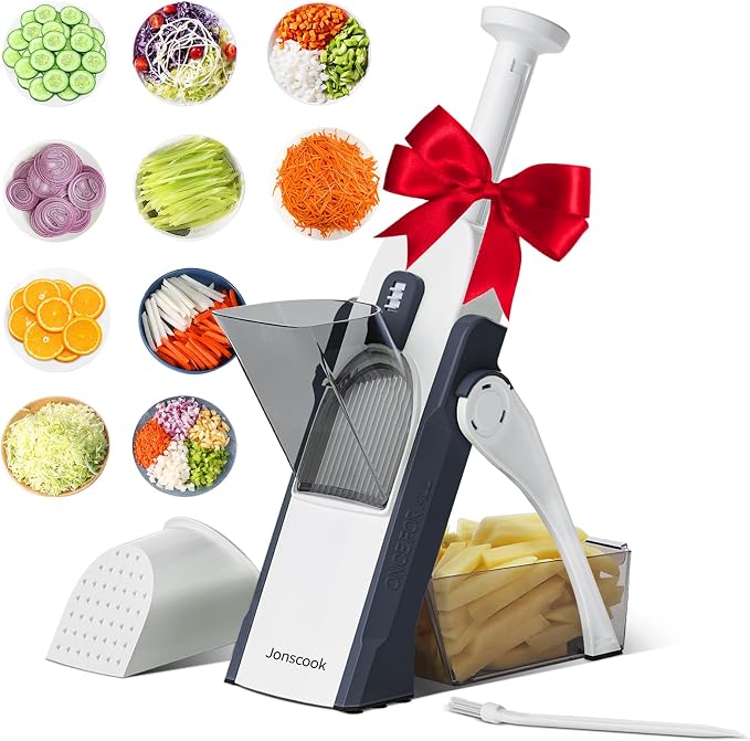 Safe Mandoline Slicer for Kitchen, 5 in 1 Multi Food Chopper, Potato Slicer | Adjustable Thickness 0.1-8 mm, Vegetable Chopper Cutter, Food Chopper French Fry Cutte, Paring Knife/Cleaning Brush, Mandolin