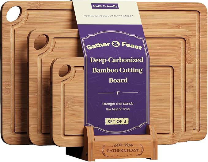 Bamboo Cutting Board Set for Kitchen, Charcuterie Board with Juice Grooves | 3-piece set with storage stand; pre-oiled; deep juice channels; Chopping Board for meat,cheese,vegetables