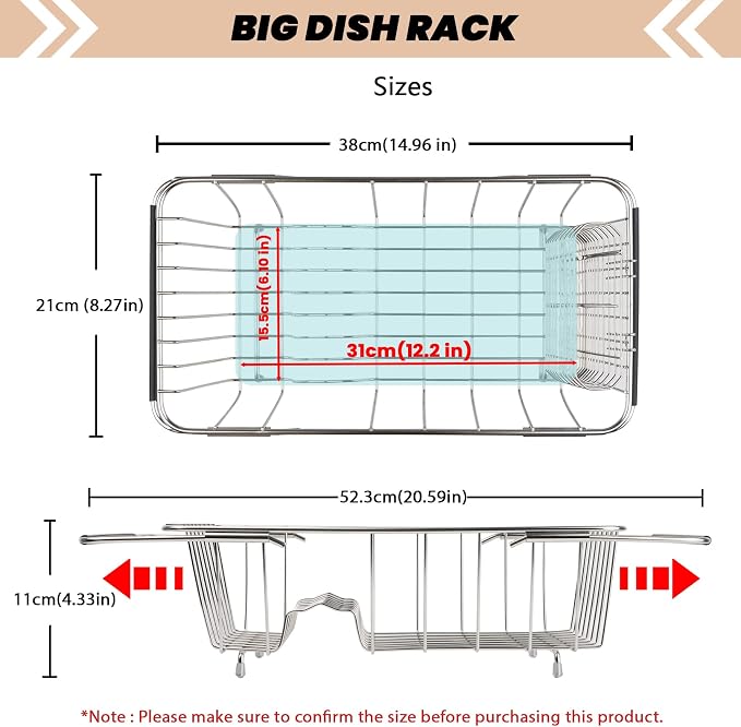 Sink Dish Drainer Rack, Expandable Stainless Steel Dish Drying Rack | 304 Stainless Steel Sink Rack with Utensil Holder, Adjustable 14.96"-20.59", Fits Inside Sink, Holds Up to 7 Upright Utensils