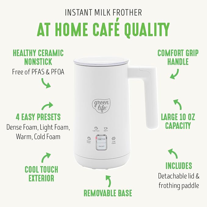 GreenLife Ceramic Electric Milk Frother, 10oz, 4-in-1, Auto Hot and Cold Foam, Dense and Light Foam, PFAS Free, Cordless Milk Warmer and Steamer for Latte, Coffee, White