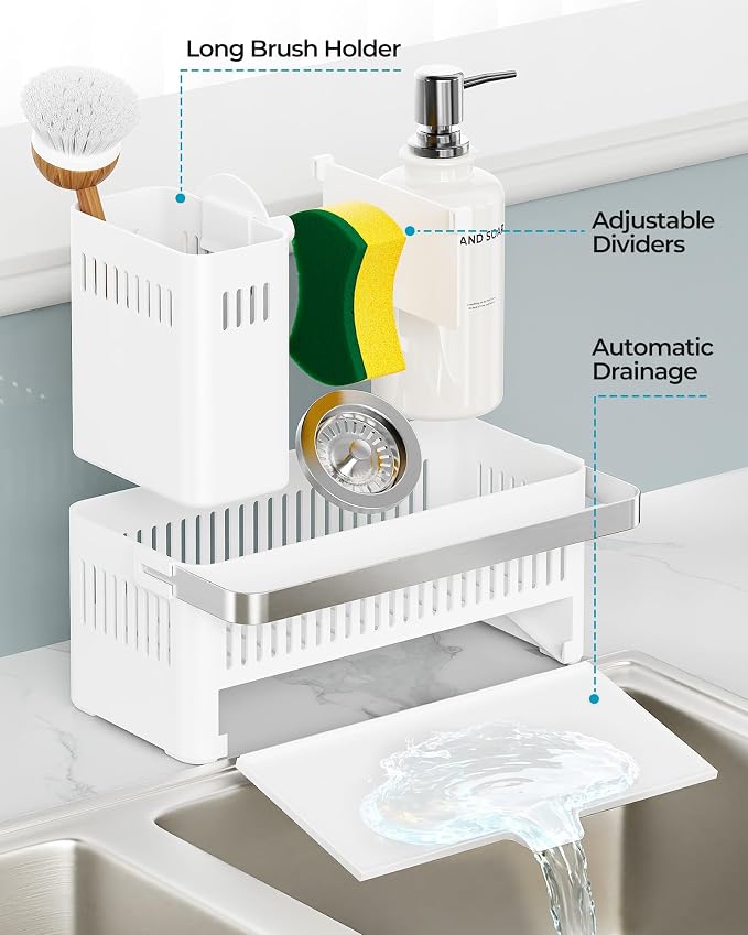Nieifi Sponge Holder, White Rustproof ABS Sink Caddy with Towel Rack | Smiley Sponge and Brush Holders with Drainage to Keep Items Dry. 10"L x 4.5"D. Kitchen Counter Organizer & Essential Storage.