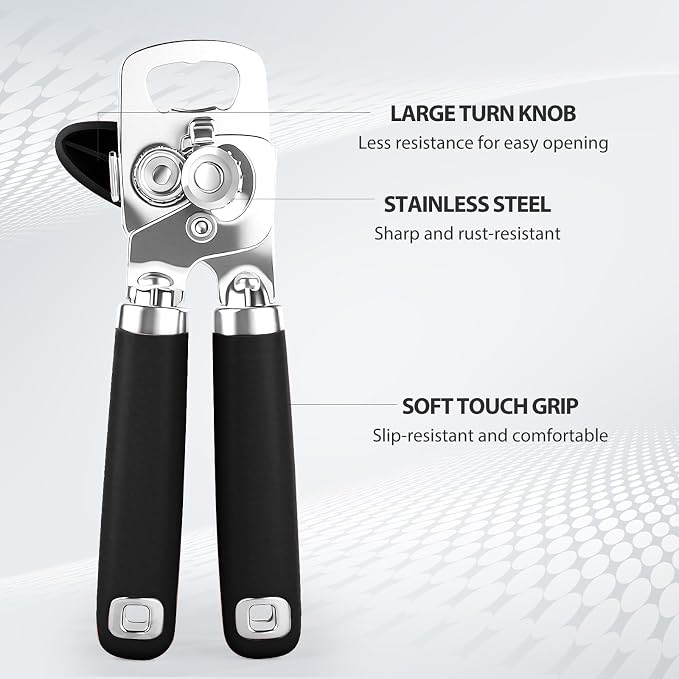 Safring Can Opener Manual, Heavy Duty Stainless Steel Smooth Edge Can Openers With Soft Touch Handle, Oversized Handheld Easy Turn Knob, Multi-Function Bottle Opener, Black