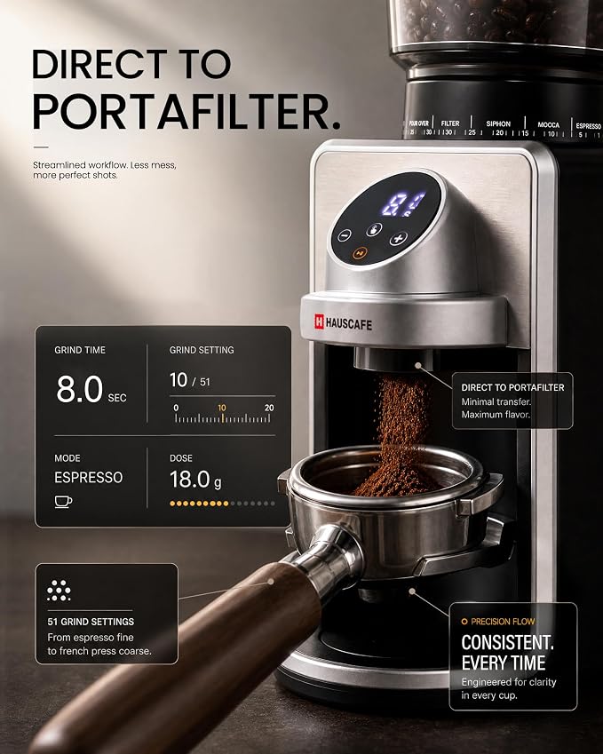 Coffee Grinder, Electric Burr Coffee Grinder with 51 Grind Settings for Espresso, Pour Over & French Press, Conical Burr Coffee Bean Grinder, IMD Digital Touch with Precision Timer, Sliver
