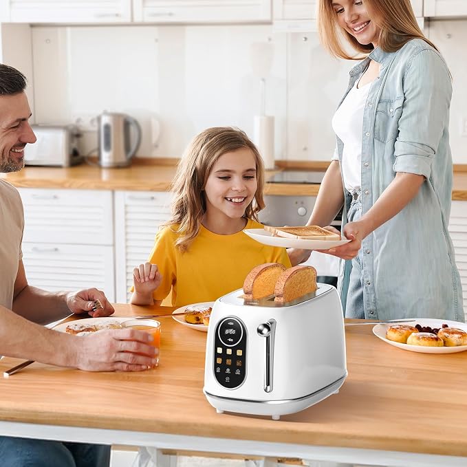 Keenstone Smart Touch Screen Toaster 2 Slice, Retro Wide Slot Stainless Steel Toaster with 6 Browning Levels, Reheat & Defrost, for Bagel, Toast, Bread, Removable Crumb Tray, White