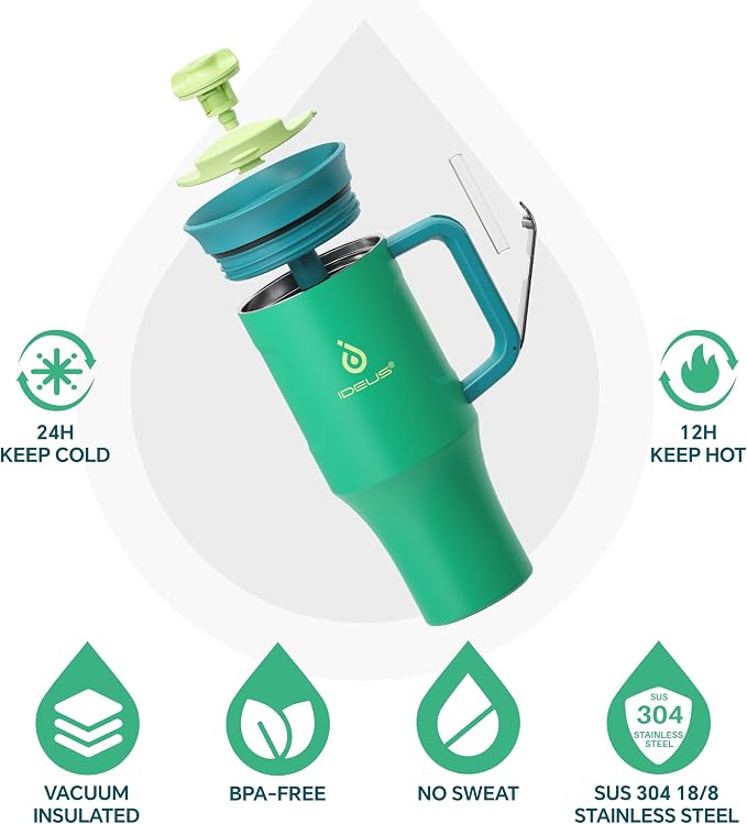 Ideus 32 oz Tumbler with Handle and Straw, Olive Green | 100% Leak Proof, Double Wall Vacuum Insulated, Stainless Steel Travel Mug, Cup Holder Friendly