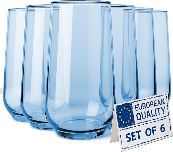 Blue Drinking Glasses Set of 6 | 16 oz Blue Glass Cups | Highball Drinkware for Cocktails, Long Drink, Water, Mojito, Juice, Soda